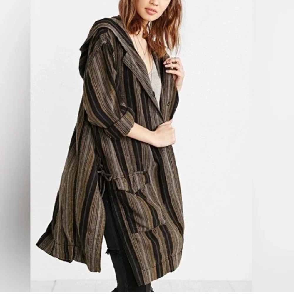 Urban Outfitters BDG Linen Olive Green Black Stripe Oversized Hood Jacket-S